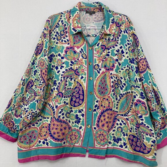 Haute Hippie size 2X Colorful Artsy Boho Print Soft Long Sleeve Button Down - Picture 1 of 12